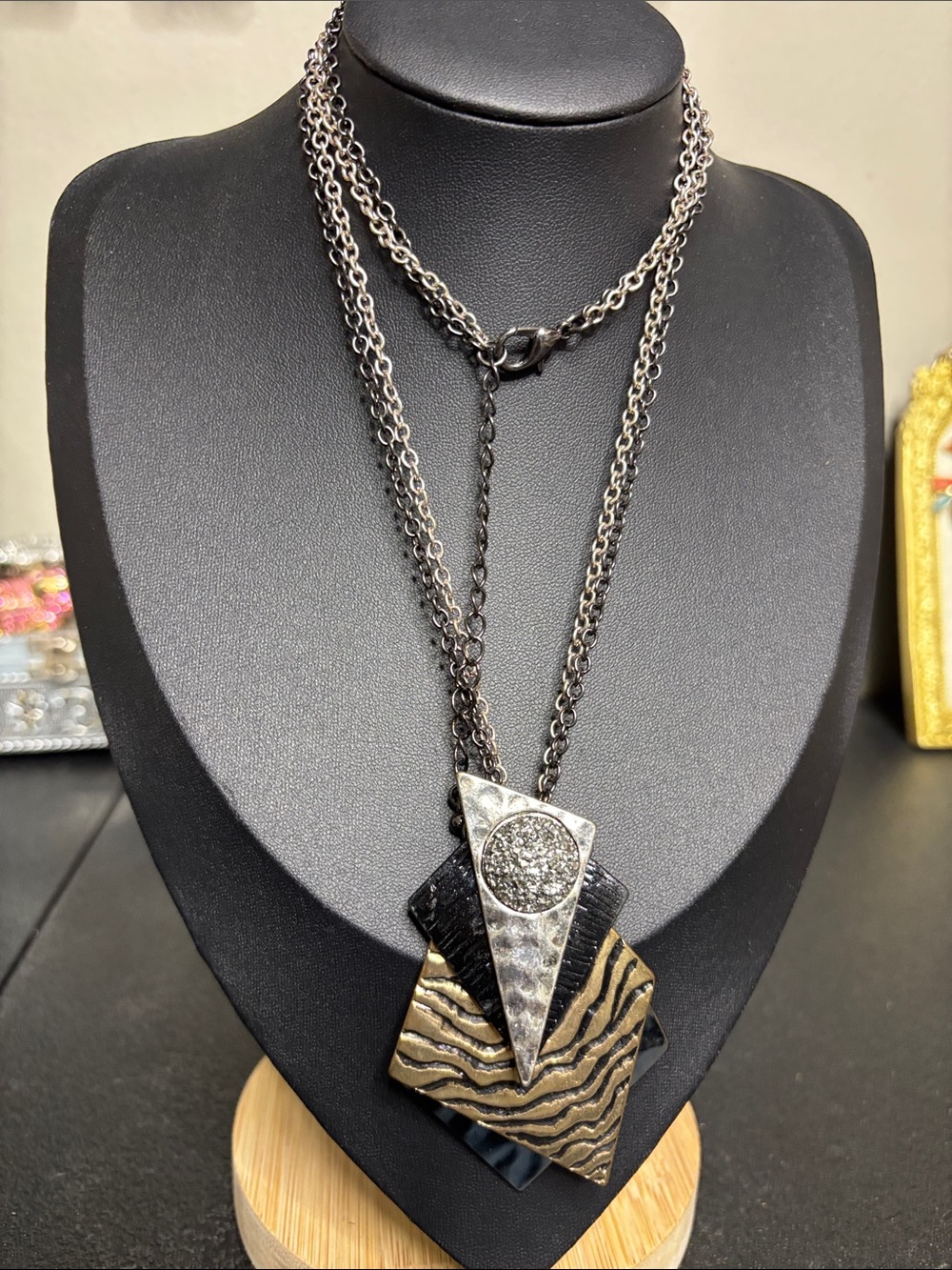 Layered Geometric Pendant Statement Long Necklace Silver Gold Tones